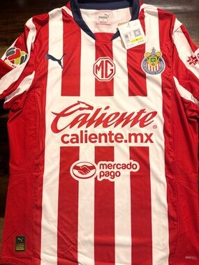 Puma Red & White Striped Chivas Guadalajara Soccer Jersey Crest